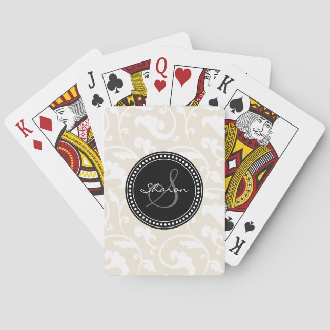 Elegant girly beige floral pattern monogram playing cards (Back)
