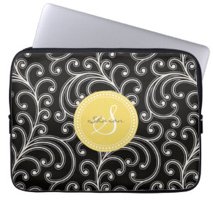 Elegant girly black floral pattern monogram laptop sleeve