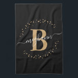 Elegant Girly Black Gold Monogram Name Script Tea Towel<br><div class="desc">Girly, elegant, modern, black and gold monogram initial name script custom personalised monogrammed kitchen towel. Featuring a monogram initial and a girly name script in a hand lettered calligraphy swash tail font and dotted circle frame around your monogram. Perfect feminine gift for sister, mother, girlfriend, birthday, wedding, bridal shower, sweet...</div>