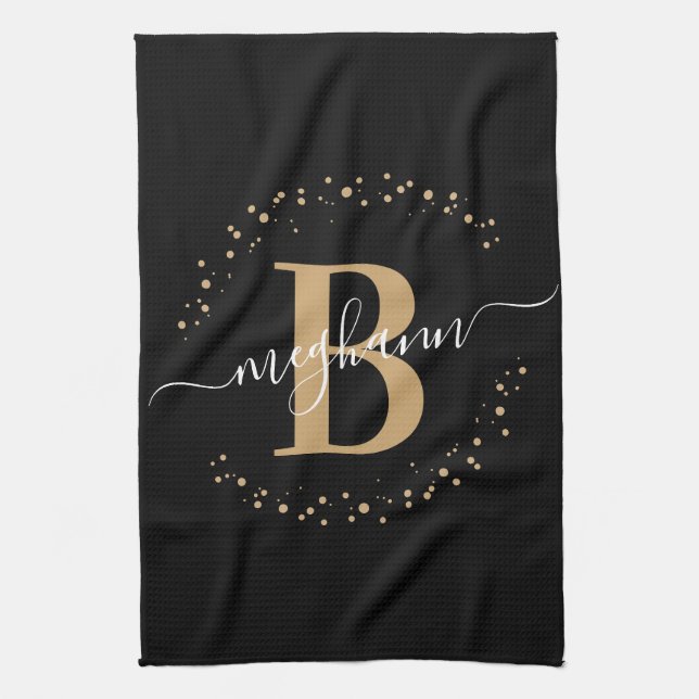 Elegant Girly Black Gold Monogram Name Script Tea Towel (Vertical)