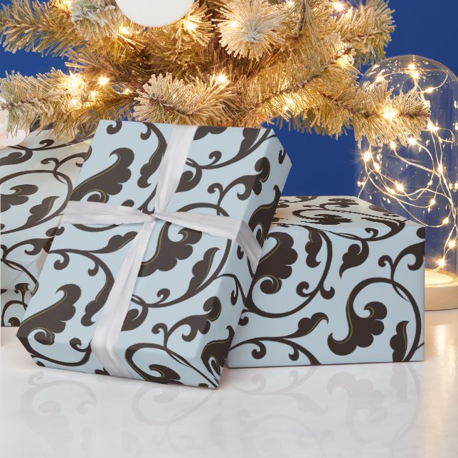 Elegant girly blue brown floral pattern monogram wrapping paper (Holidays)