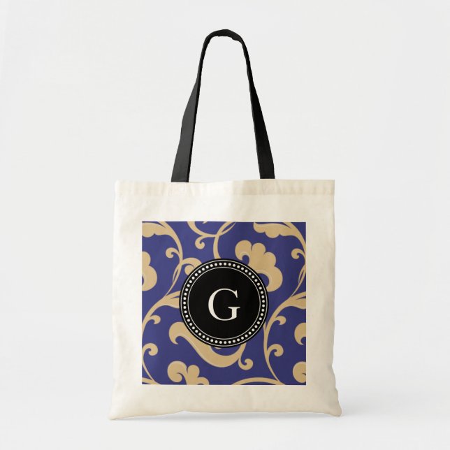 Elegant girly blue floral pattern monogram tote bag (Front)