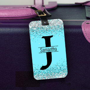Elegant girly blue silver faux glitter monogram luggage tag