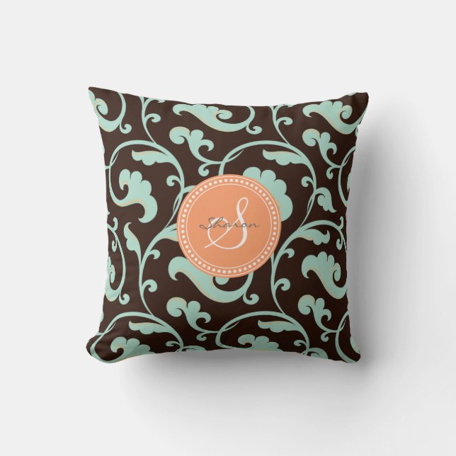 Elegant girly brown floral pattern monogram cushion (Front)