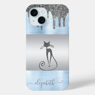 Elegant Girly,Cat Glitter Drips Blue Metallic iPhone 15 Case