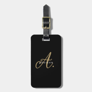 Elegant Girly Chic Black Gold Script Monogram Luggage Tag