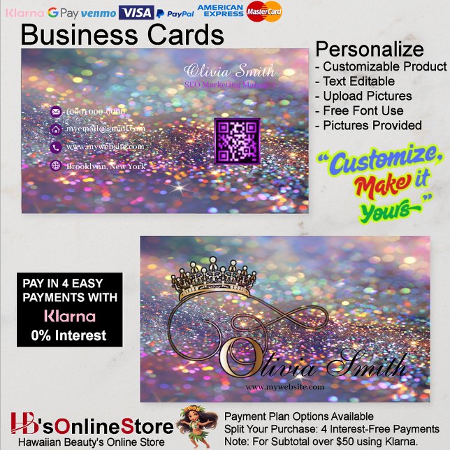 Elegant Girly Crown Colorful Glitter QR Code Business Card (Elegant Girly Crown Colorful Glitter QR Code Business Card 23.)