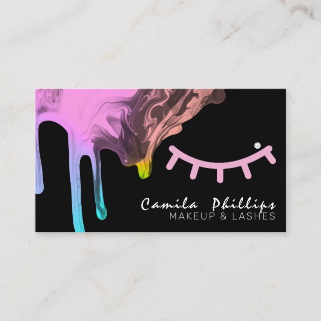 Elegant Girly Dripping Marble Pink Lashes Script Business Card (Front)