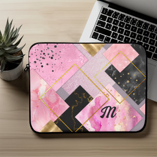 Elegant girly faux Glitter pink black geometric Laptop Sleeve