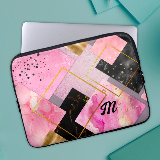 Elegant girly faux Glitter pink black geometric Laptop Sleeve (Creator Uploaded)