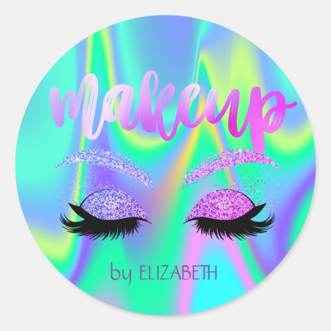 Elegant Girly Glitter Faux Lashes Holographic Classic Round Sticker (Front)