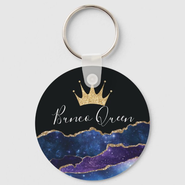Elegant Girly Glitter Gold Crown Bunco Queen Key Ring (Front)
