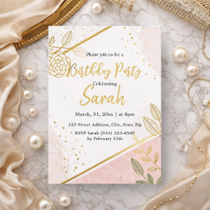 elegant girly gold and blush floral birthday  invitation