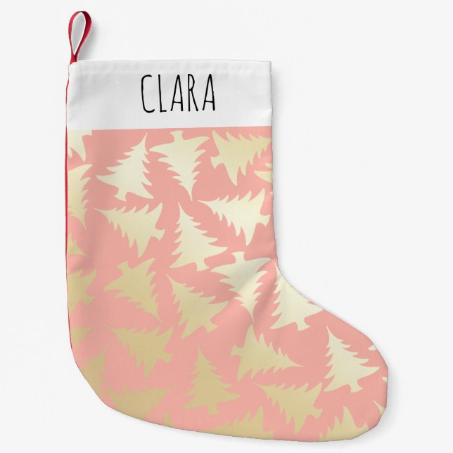 Elegant GIrly Gold & Pink Christmas Tree Pattern Small Christmas Stocking (Front)