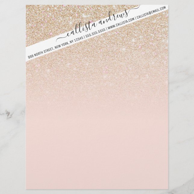 Elegant Girly Gold Rose Pink Glitter Ombre Custom Letterhead (Front)