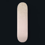 Elegant Girly Gold Rose Pink Glitter Ombre Skateboard<br><div class="desc">This elegant and chic design is perfect for the trendy and stylish woman. It features a faux printed rose pink and gold glitter and colour ombre gradient. It's modern, pretty, simple, and cute! ***IMPORTANT DESIGN NOTE: For any custom design request such as matching product requests, colour changes, placement changes, or...</div>