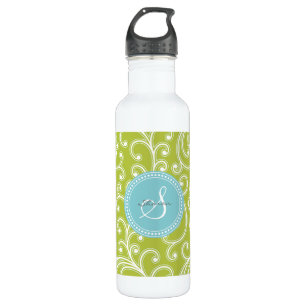 Elegant girly green floral pattern monogram 710 ml water bottle