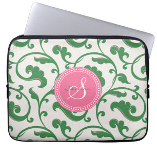 Elegant girly green floral pattern monogram laptop sleeve