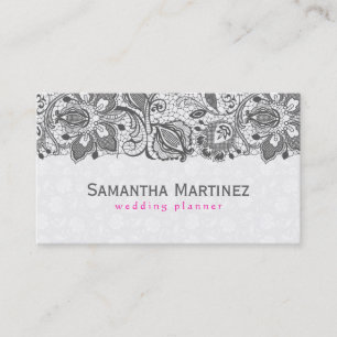 Elegant Girly Grey Lace Over White Damasks Business Card