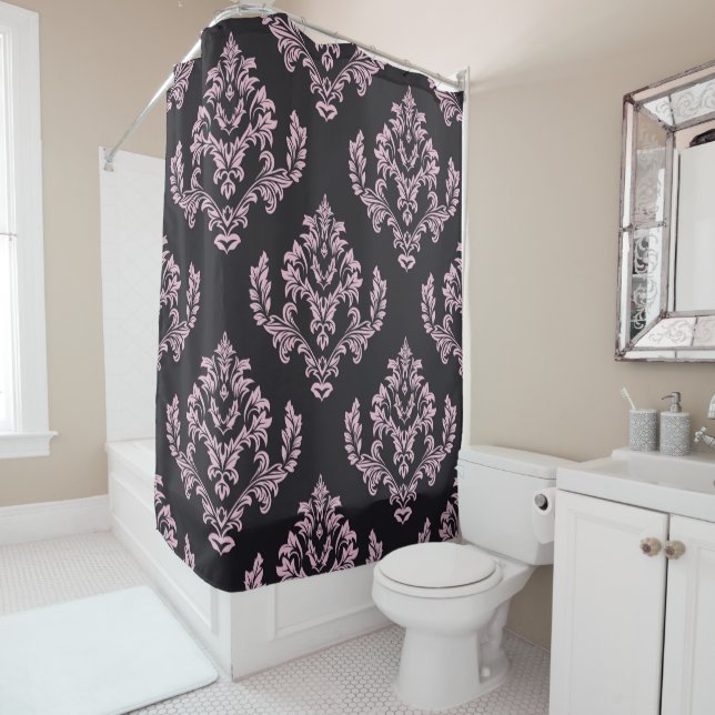 Elegant Girly Grey Pink Big Bold Damask Pattern Shower Curtain (In Situ)
