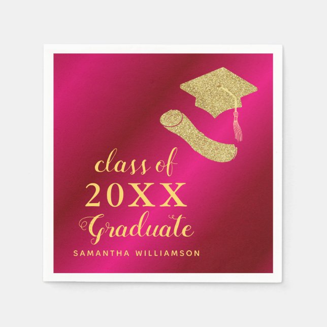 Elegant Girly Hot Pink and Gold 2025 Graduation Napkin (Front)