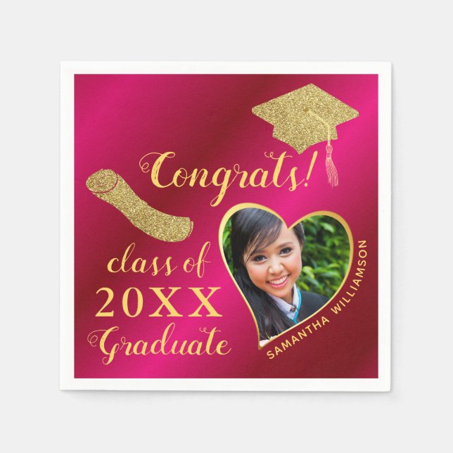 Elegant Girly Hot Pink Gold Photo 2025 Graduation Napkin (Front)