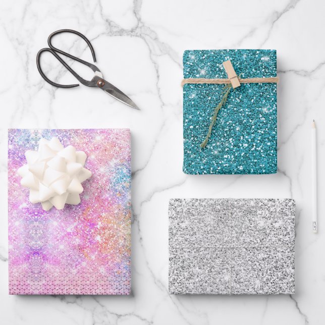 Elegant girly iridescent faux rhinestones unicorn wrapping paper sheet (Front)
