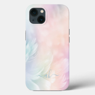 Elegant Girly Monogrammed Pastel Rainbow Feather iPhone 13 Case