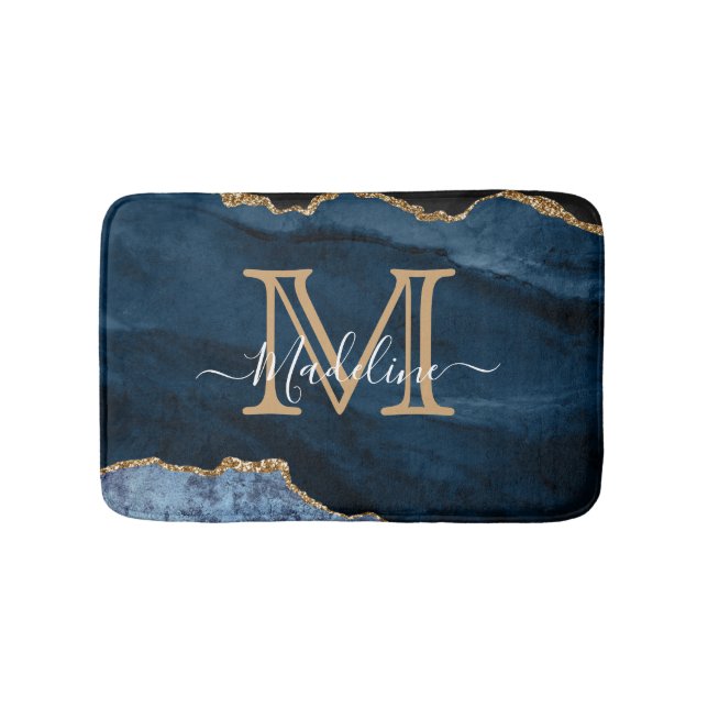Elegant Girly Navy Blue Gold Agate Geode Monogram Bath Mat (Front)