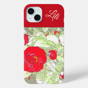 Elegant girly peony red floral monogramable iPhone 15 mini case