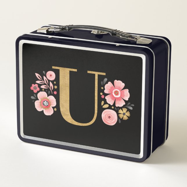 Elegant Girly Pink Black Floral Metal Lunch Box (Back)