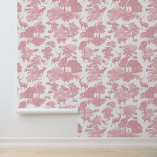 Elegant Girly Pink Deer Forest Animals Toile Wallpaper