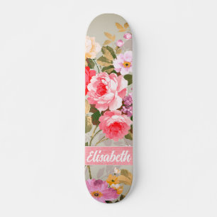 Elegant Girly Pink Red Roses Monogram Skateboard