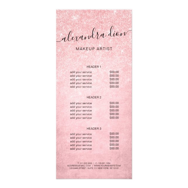 Elegant girly pink rose gold glitter makeup artist rack card (Front)