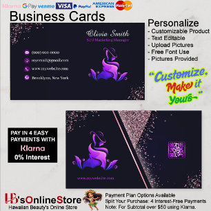 Elegant Girly Purple Navy Glitter QR Code Business Card
