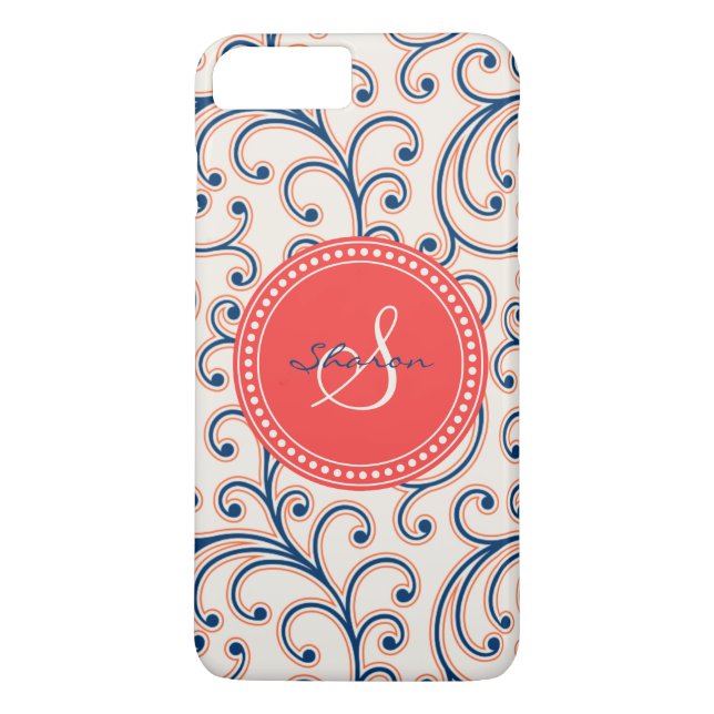 Elegant girly red blue floral pattern monogram Case-Mate iPhone case (Back)