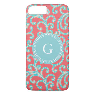 Elegant girly red turquois floral pattern monogram Case-Mate iPhone case