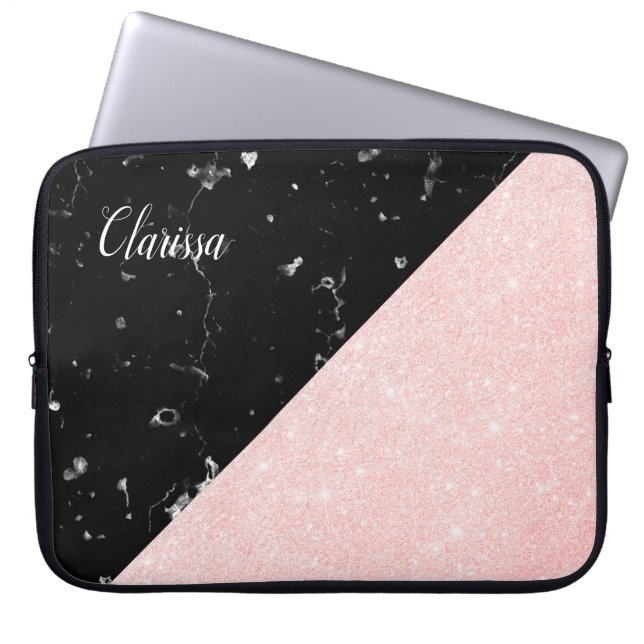 Elegant girly rose gold glitter & black marble laptop sleeve (Front)