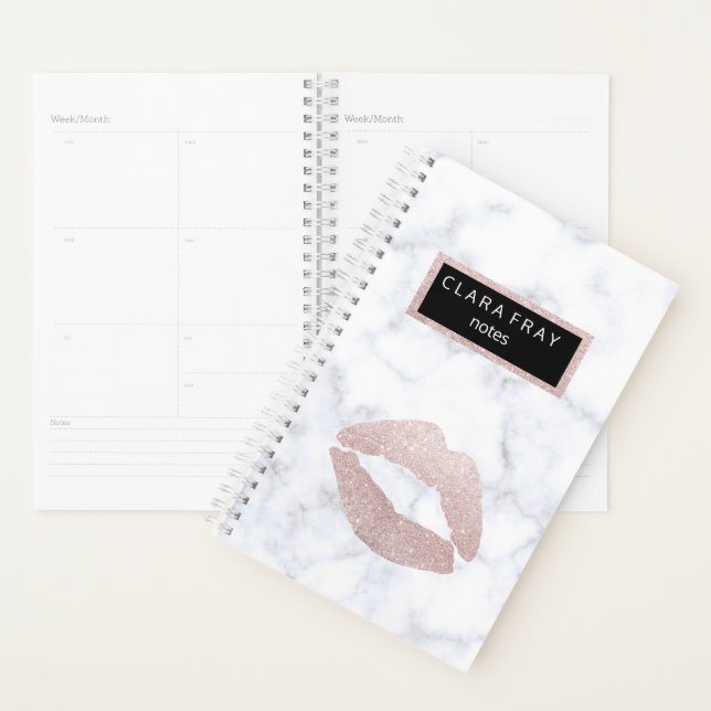 elegant girly rose gold glitter lips white marble planner (Display)