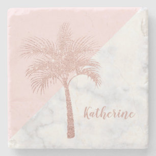 Elegant girly rose gold glitter palm white marble stone coaster