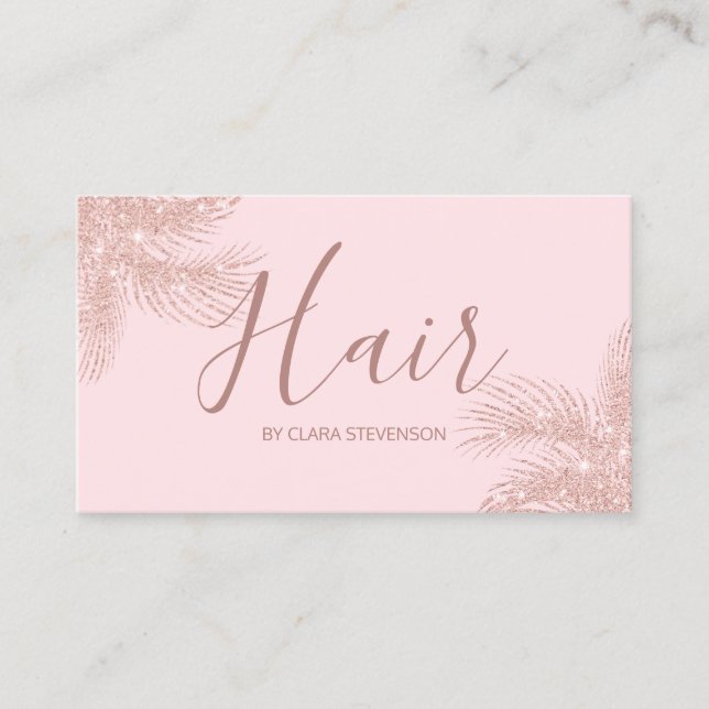Elegant girly rose gold glitter pink palm hair business card (Front)