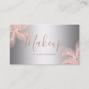 Elegant girly rose gold glitter silver palm makeup business card