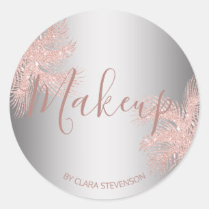Elegant girly rose gold glitter silver palm makeup classic round sticker