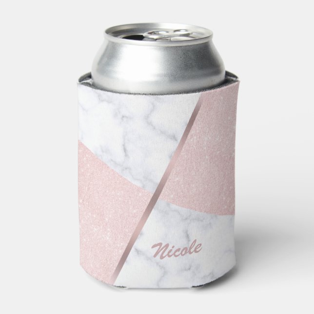 Elegant girly rose gold glitter & white marble can cooler (Can Front)