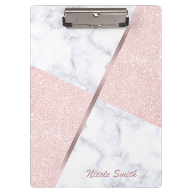 Elegant girly rose gold glitter & white marble clipboard (Front)
