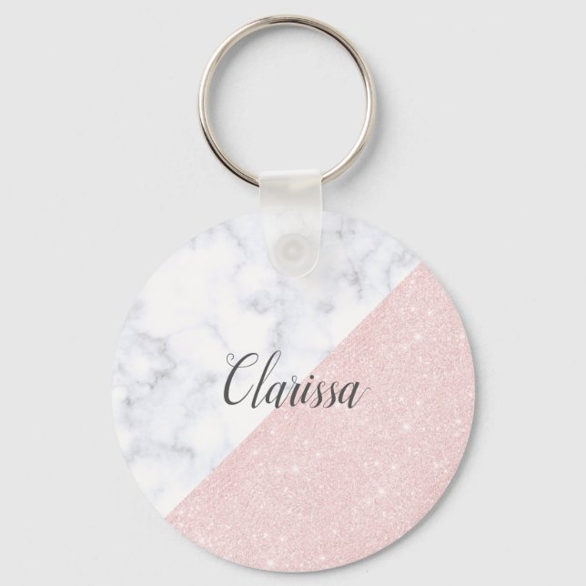 Elegant girly rose gold glitter & white marble key ring (Front)