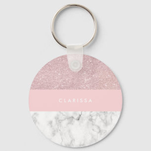 Elegant girly rose gold glitter & white marble key ring