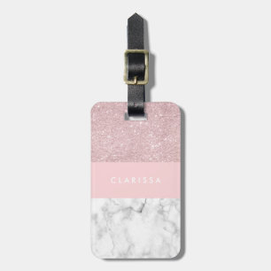 Elegant girly rose gold glitter & white marble luggage tag