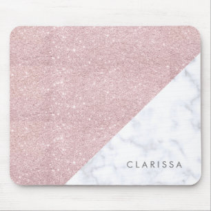 Elegant girly rose gold glitter white marble mouse pad