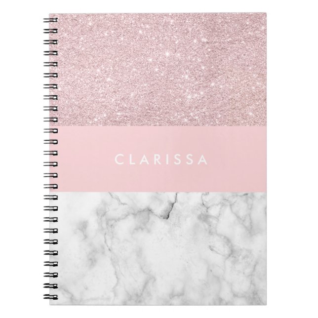 Elegant girly rose gold glitter & white marble notebook (Front)